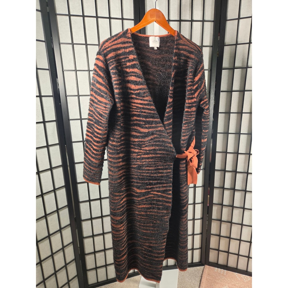 JOA  Tiger Stripe Wrap Fuzzy Knit Longline Cardigan Duster Orange Black Small